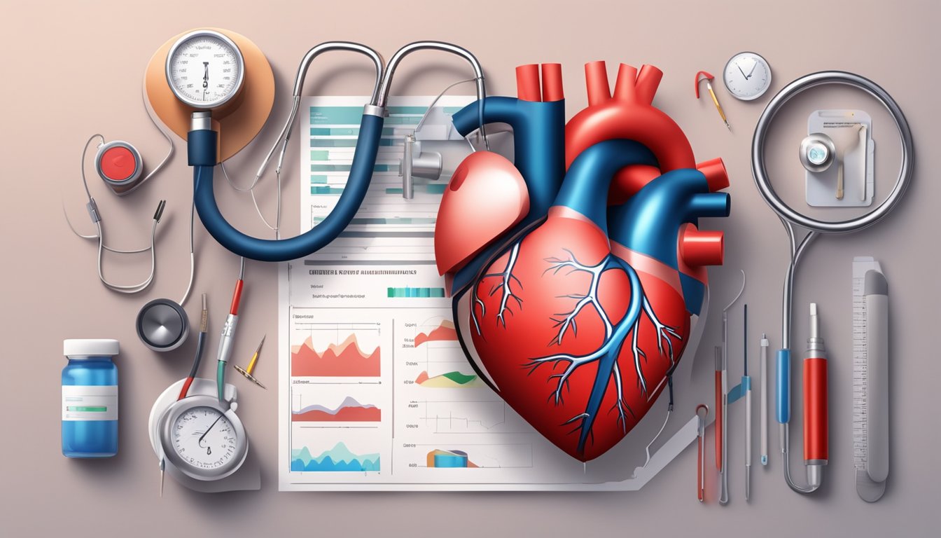 A heart with high blood pressure, surrounded by medical tools and charts
