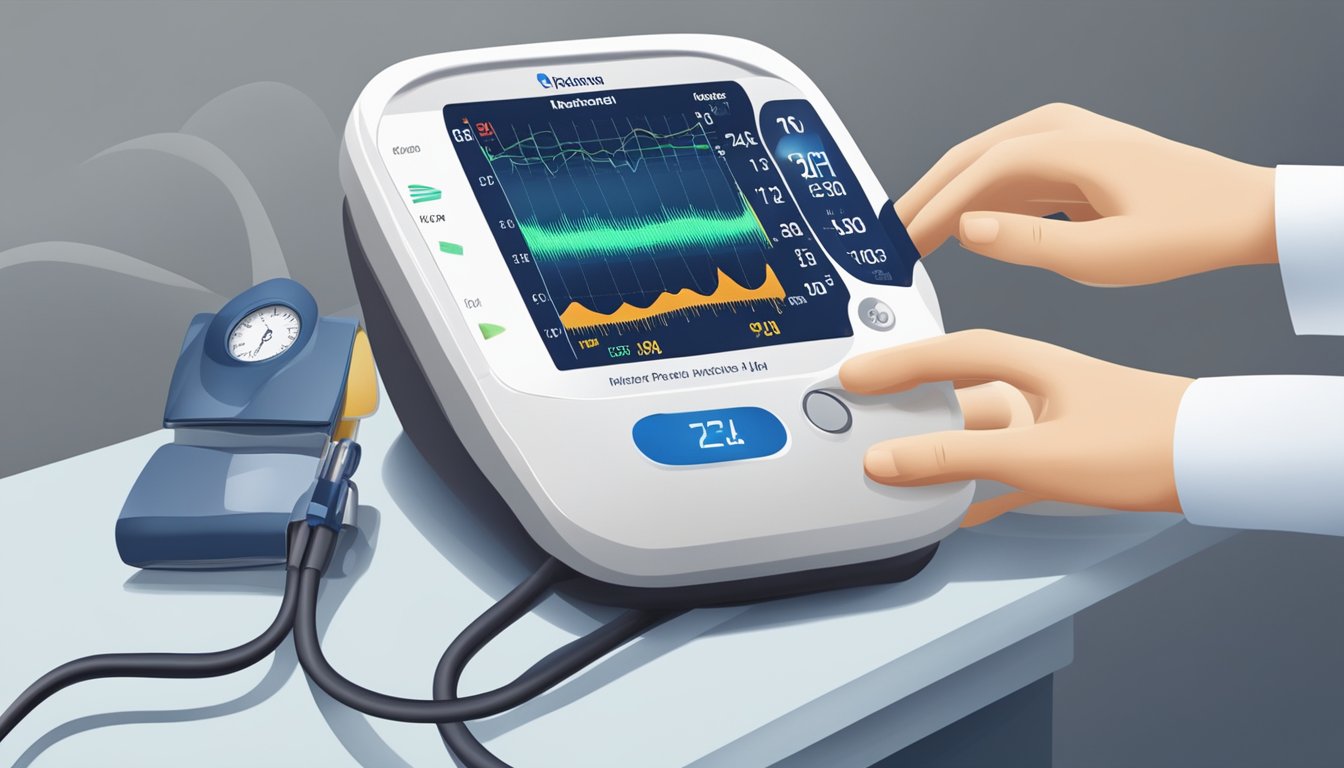 A heart monitor beeping rapidly, blood pressure cuff inflated, medical staff rushing