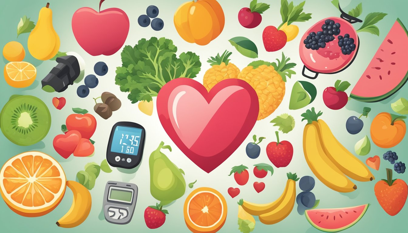 A heart surrounded by healthy lifestyle symbols like fruits, vegetables, exercise equipment, and a heart rate monitor
