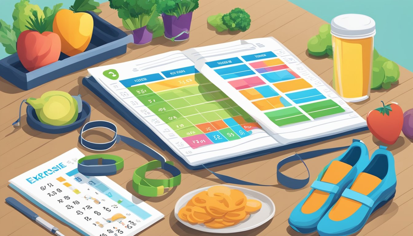 Healthy food, exercise equipment, and a heart rate monitor on a table. A person's running shoes nearby. A calendar with regular exercise and meal planning