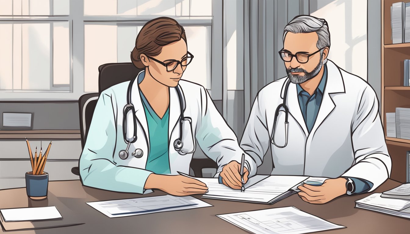 A doctor reviewing charts and discussing heart disease prevention with a patient in a clinic setting