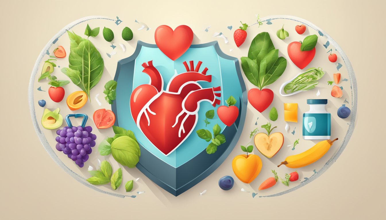 A heart with a protective shield surrounded by symbols of healthy lifestyle choices