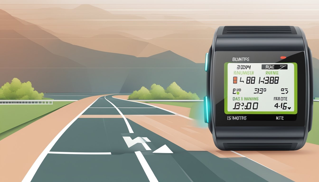 A heart rate monitor displaying a steady reading of 85-95% of maximum heart rate, with a backdrop of a running track or cycling route