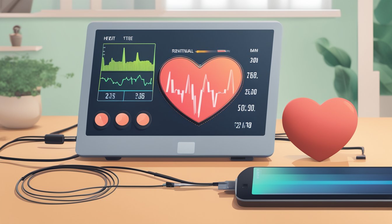 A heart rate monitor displaying a steady reading around 85-95% of maximum heart rate, with a stopwatch and a treadmill in the background