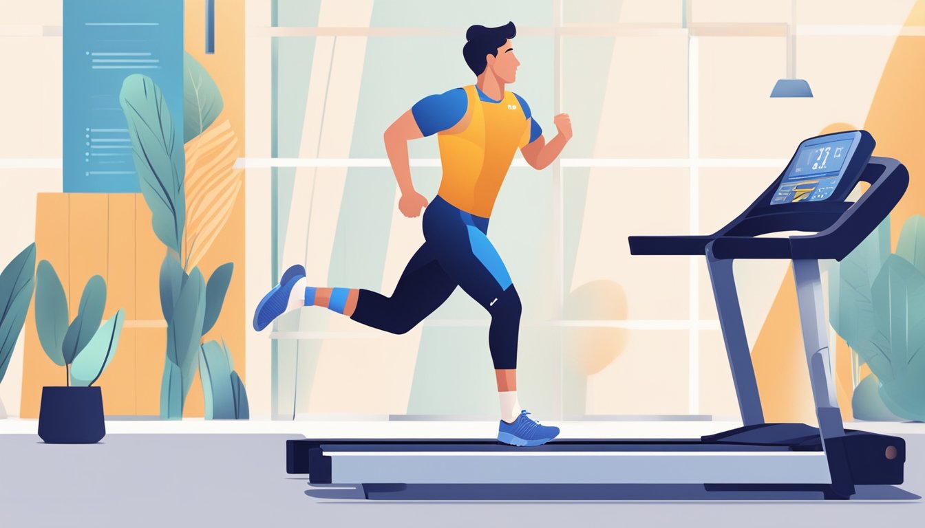 Athlete running on a treadmill, heart rate monitor displaying lactate threshold heart rate, coach observing and giving feedback