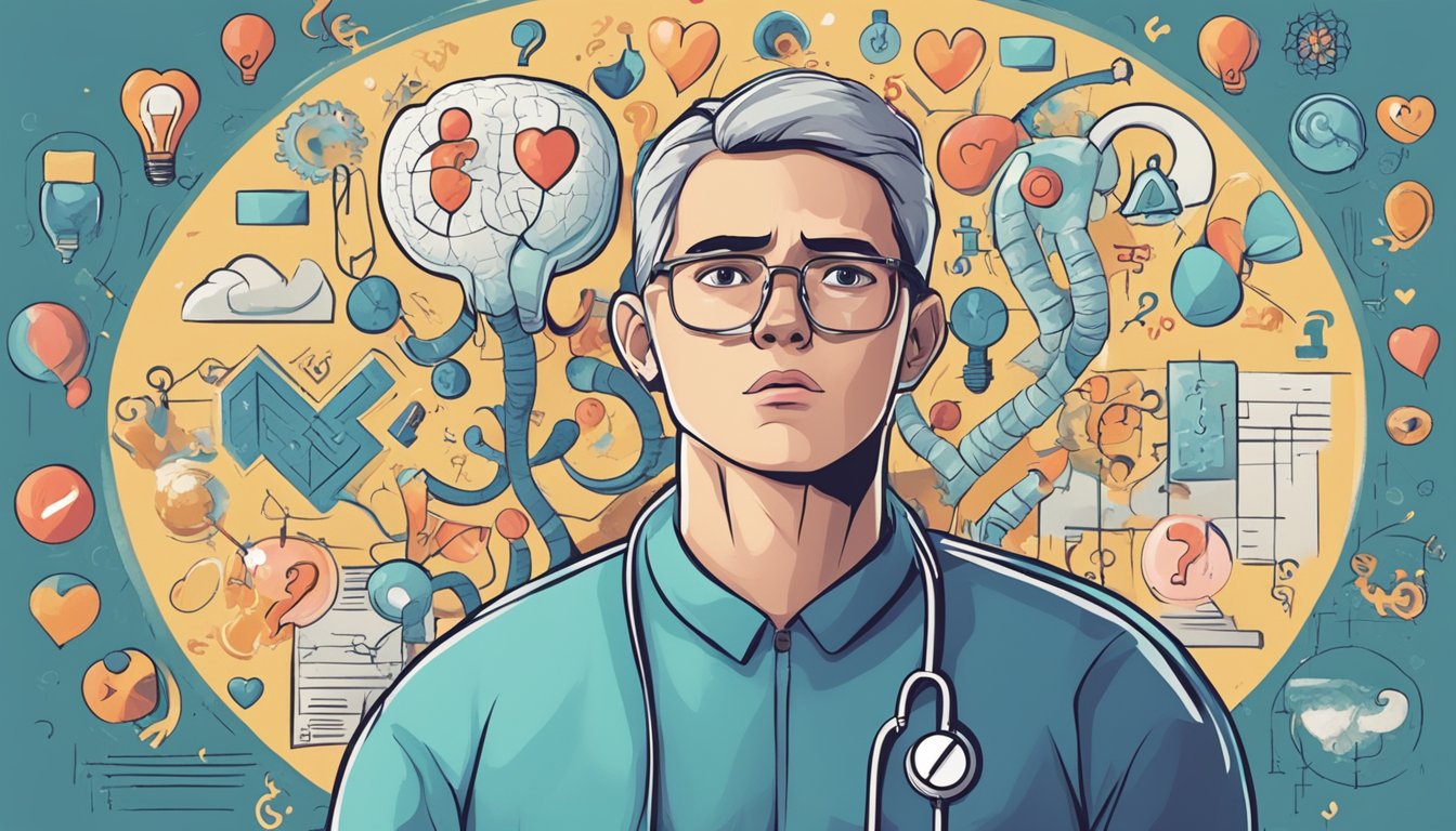 A person experiencing heart palpitations and shortness of breath, with a puzzled expression, surrounded by question marks and medical symbols