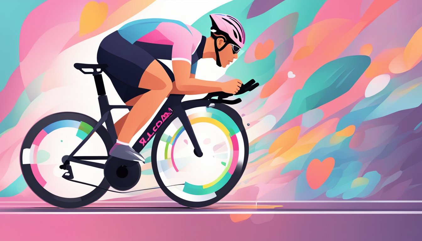 A cyclist on a stationary bike with a heart rate monitor displaying the lactate threshold heart rate. The cyclist is sweating and breathing heavily