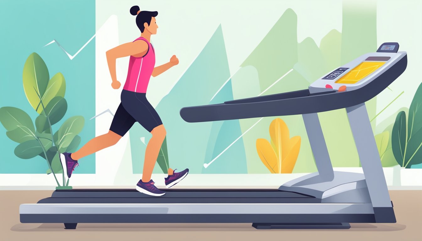 A person running on a treadmill with a heart rate monitor displaying a high level of exertion