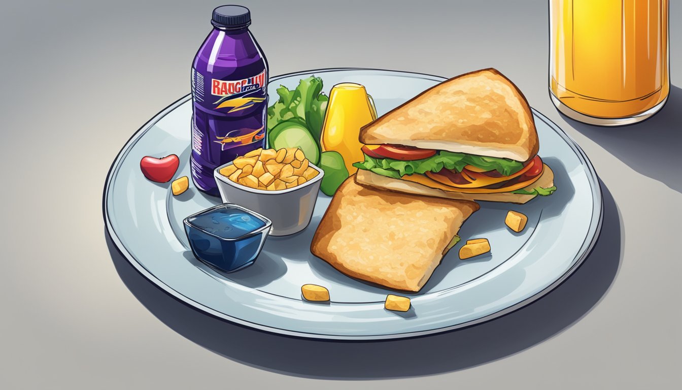 A plate of food and a bottle of energy drink, with a racing heartbeat monitor in the background