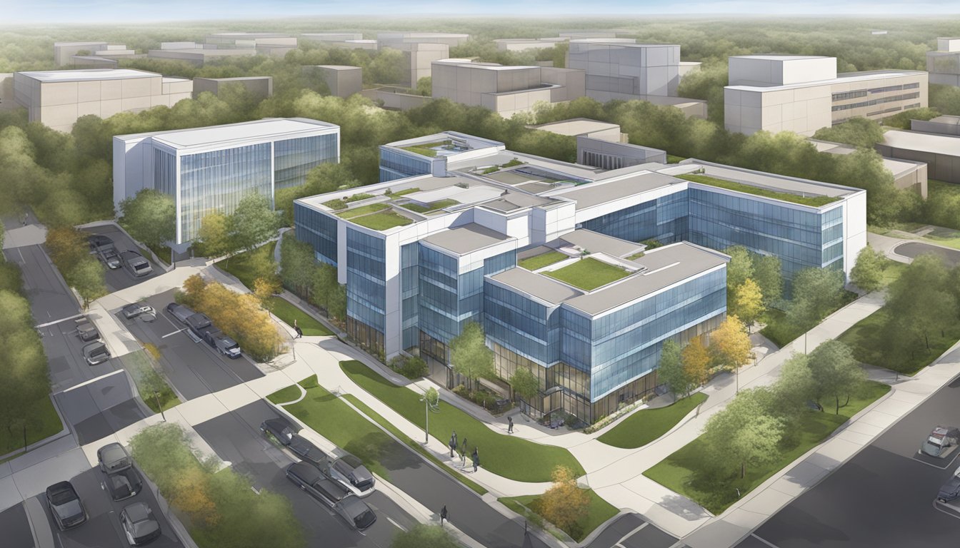 An aerial view of Northwestern Cardiology, with the building's exterior and surrounding landscape visible