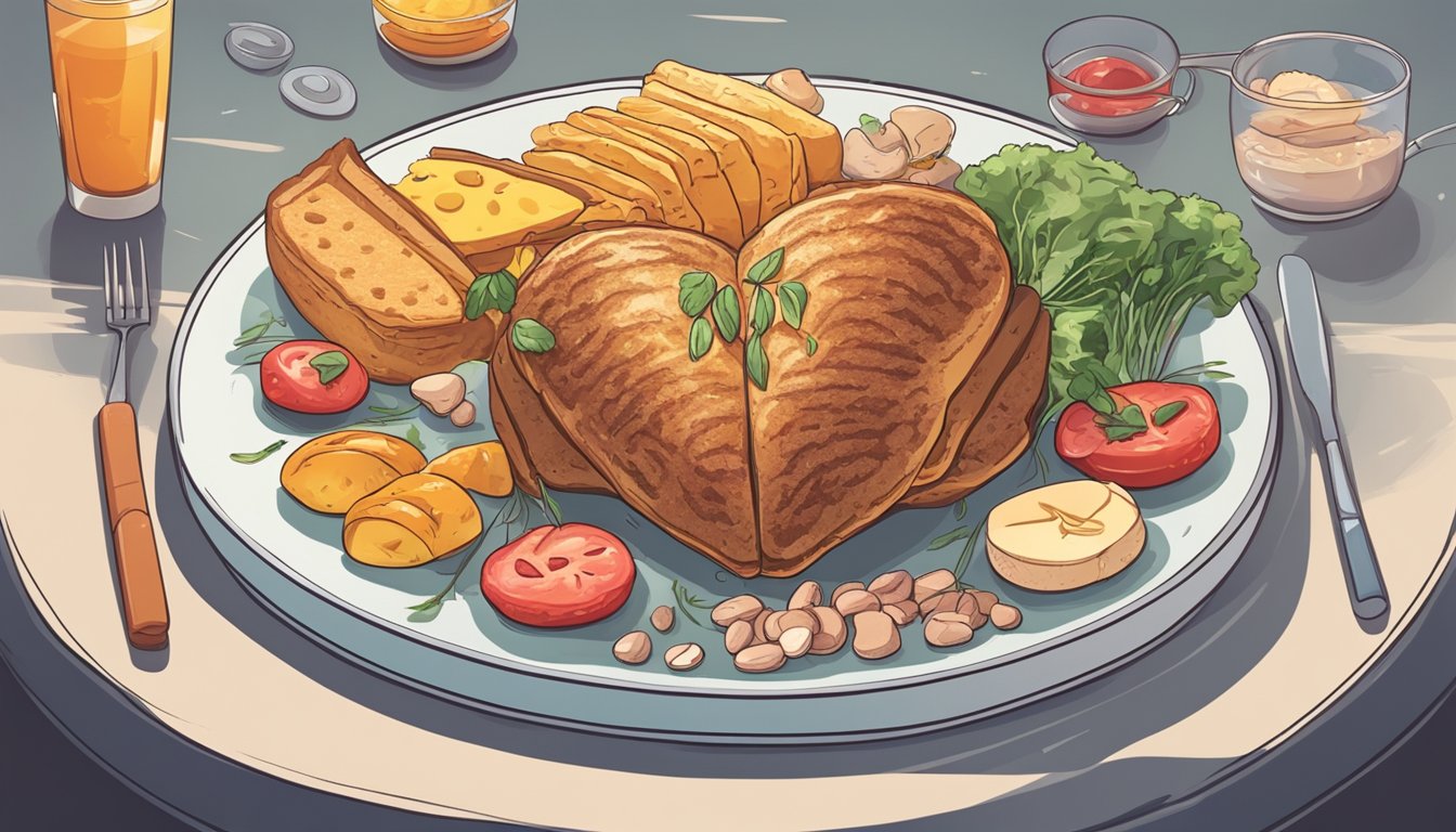 A plate of food sits on a table. The heart beats rapidly, with arrows pointing to the stomach and brain. Sweat drips down the forehead