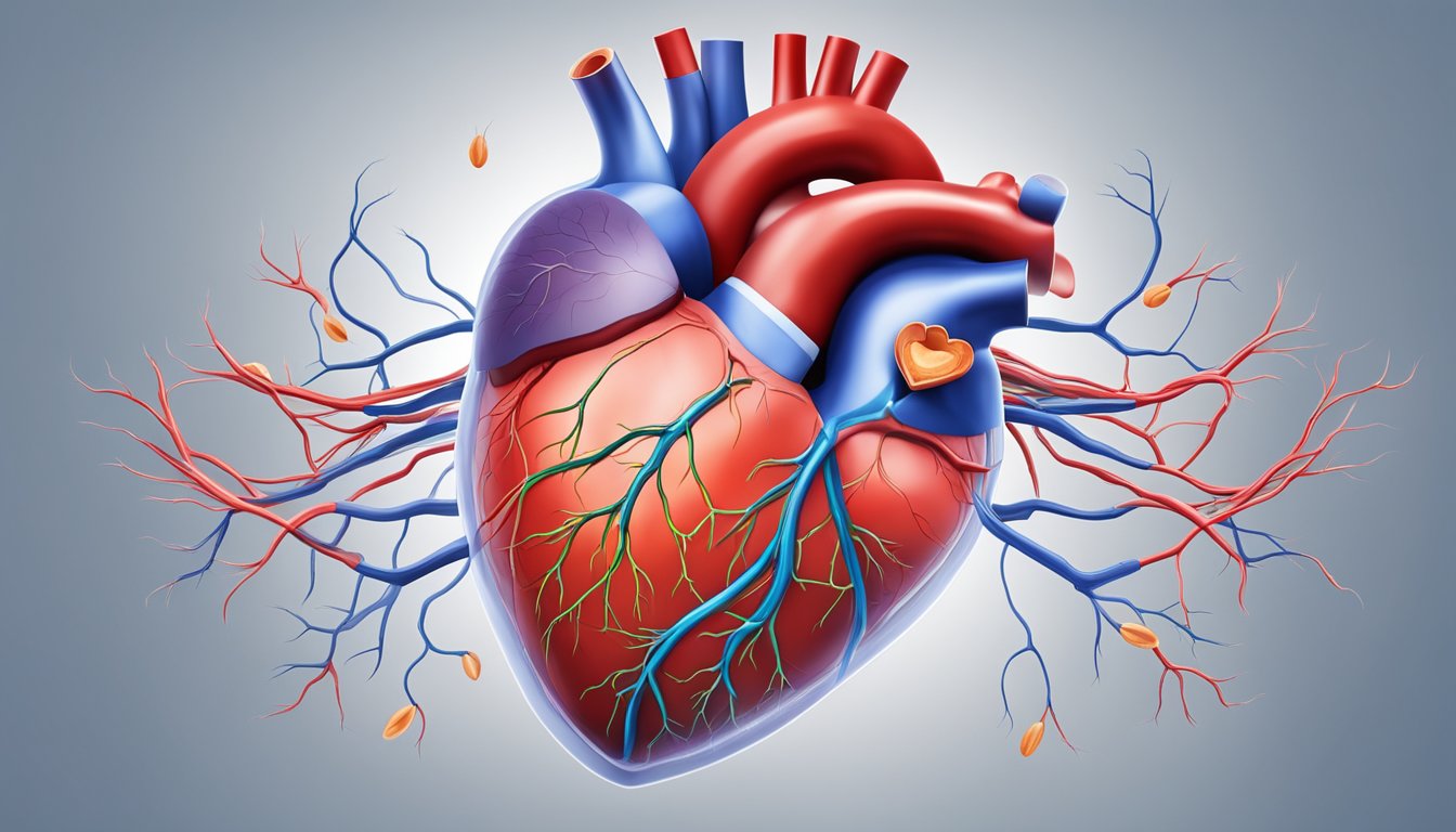 A healthy heart surrounded by blood vessels, with arginine molecules supporting cardiovascular function and preventing heart attacks
