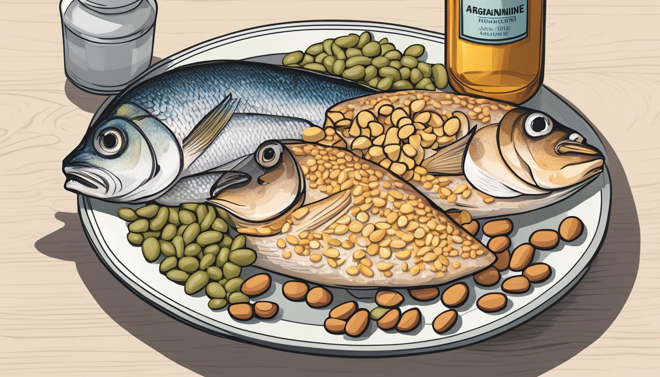 A plate of fish, nuts, and beans with a bottle of arginine supplement next to it. A heart attack warning sign in the background