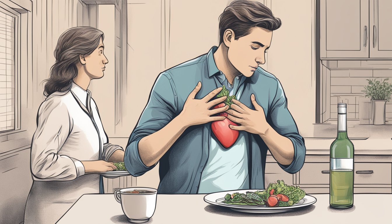 A person's heart beats rapidly after eating. Illustrate a dining scene with a person holding their chest in discomfort