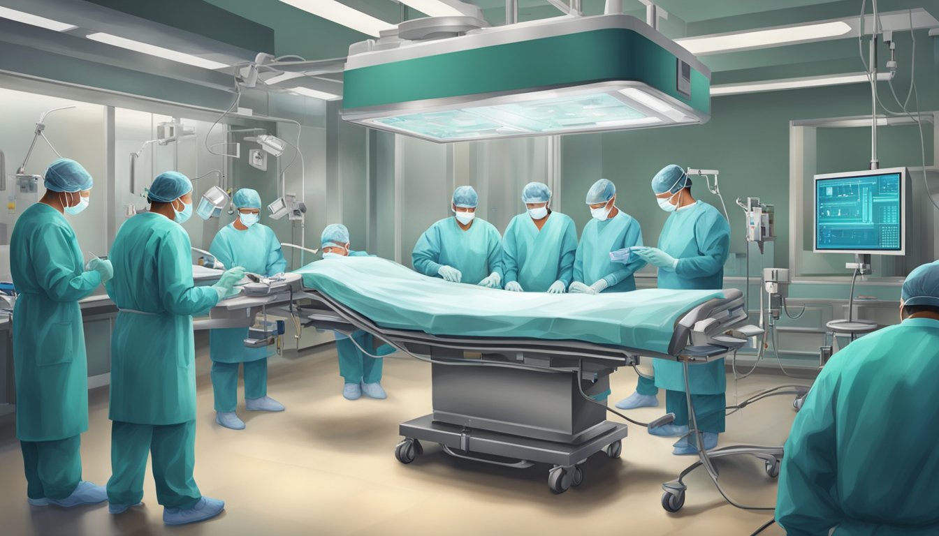 Surgeons perform heart bypass surgery in a sterile operating room. The patient lies on the operating table while the medical team works with precision and focus