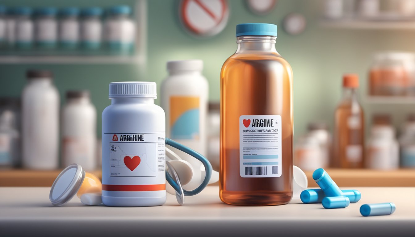 A bottle of arginine with a warning label, surrounded by medical equipment and a heart attack symbol