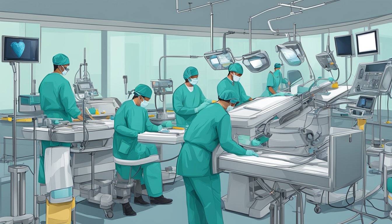 Surgeons preparing equipment for heart bypass surgery. Instruments laid out, monitors on, team ready