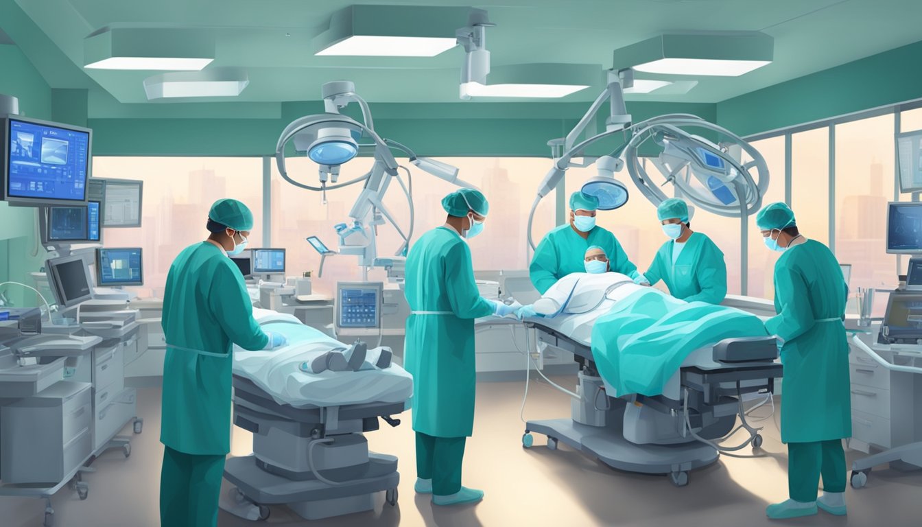 Surgeons perform heart bypass surgery in a brightly lit operating room, surrounded by medical equipment and monitors. A team of medical professionals assists in the procedure