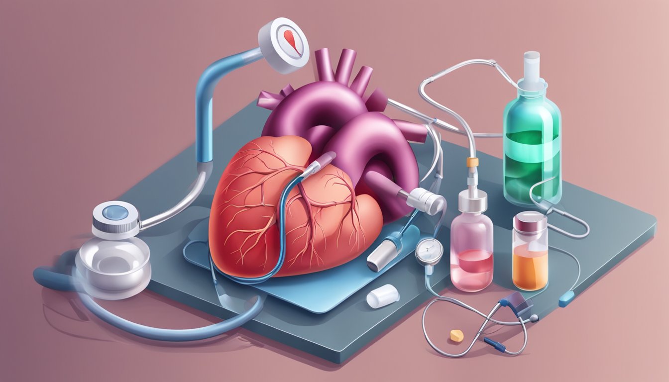 A heart with a blood clot being treated and managed by medication and medical equipment