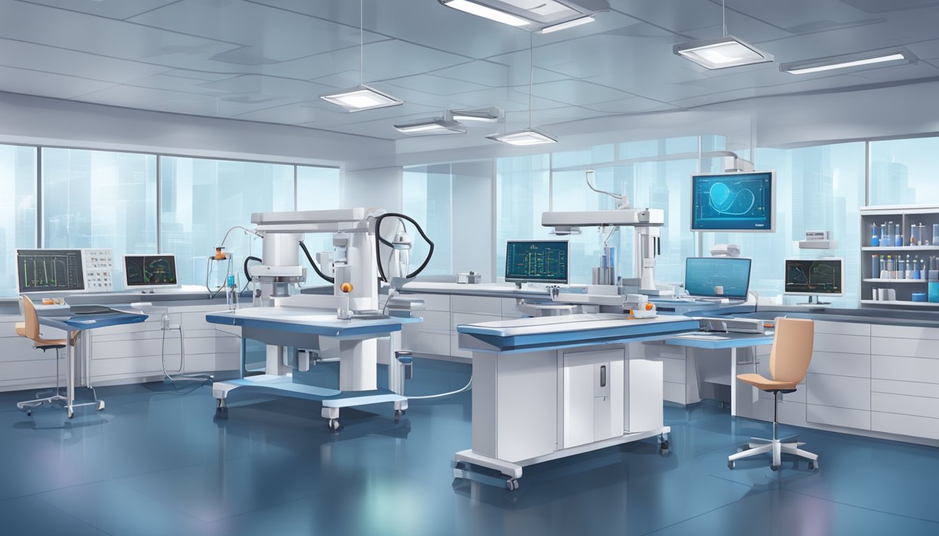 A modern research lab with advanced equipment and educational materials on cardiovascular health