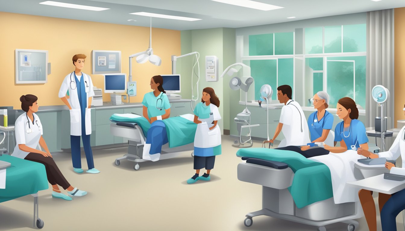 A bustling cardiology clinic with doctors and nurses attending to patients, medical equipment and monitors filling the room, and a warm, welcoming atmosphere