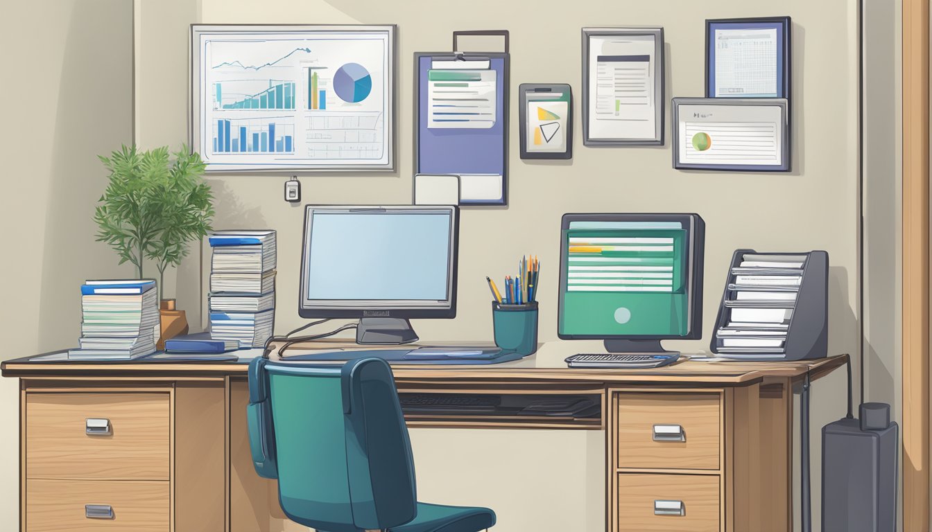 A desk with a computer, phone, and files. A Northwestern Cardiology sign on the wall. Contact info displayed prominently