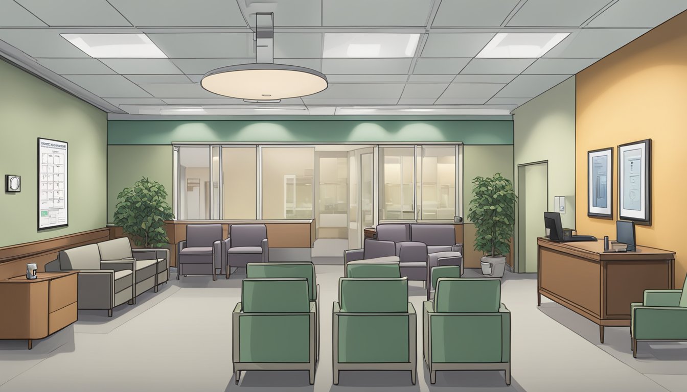 A waiting room with chairs, a reception desk, and a sign that reads "Frequently Asked Questions - Northwestern Cardiology" on the wall