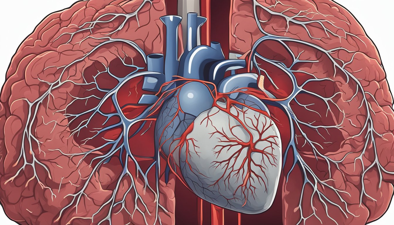 A heart with a hole in it, surrounded by blood vessels, and a brain with a blood clot causing a stroke