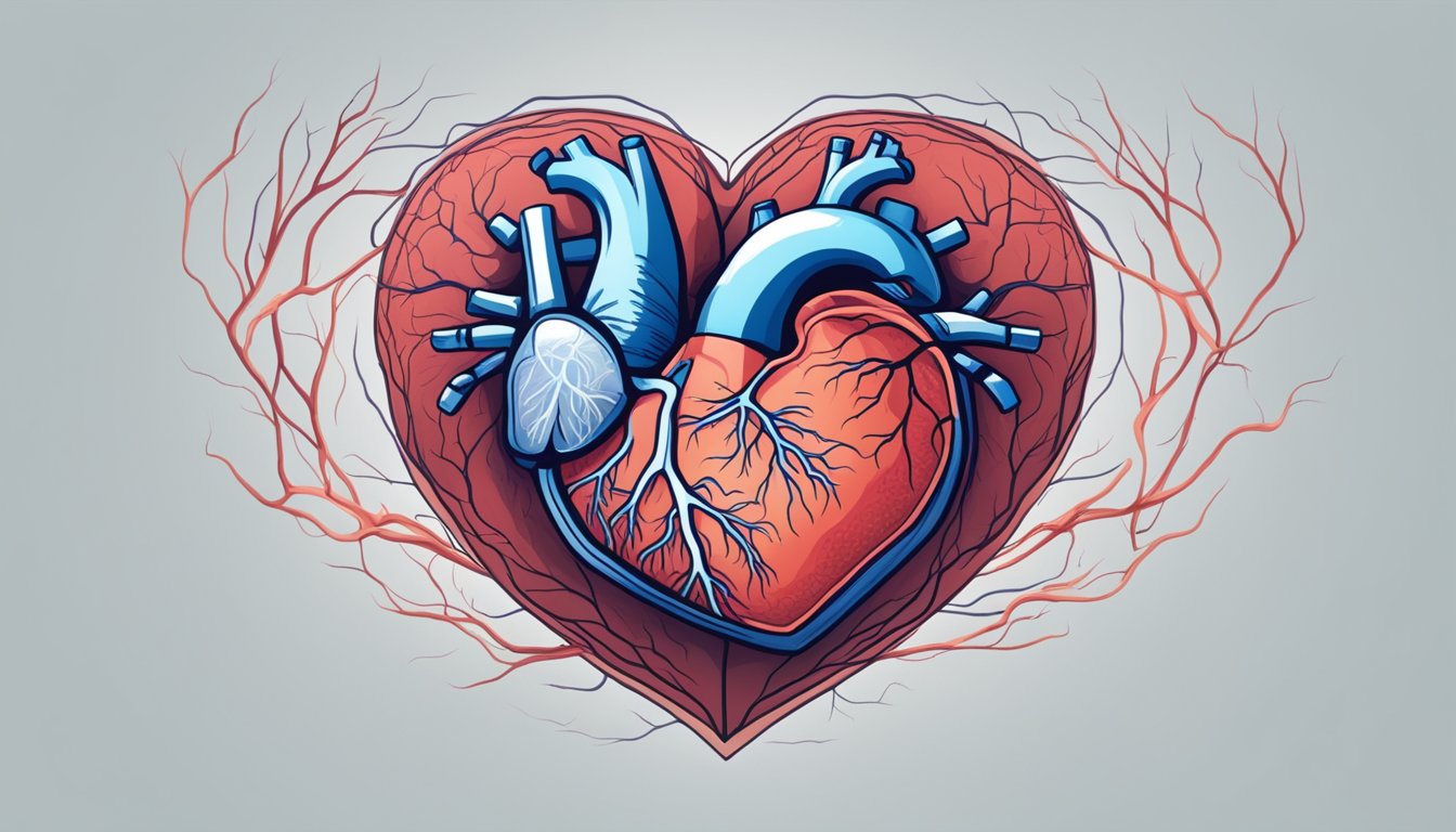 A heart with a visible hole, surrounded by blood vessels, with a stroke symbol nearby