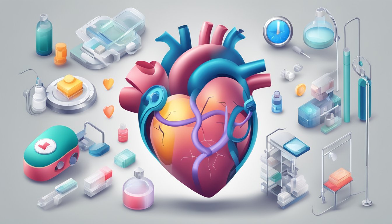A heart with a hole, surrounded by medical equipment and treatment options, with a stroke symbol in the background