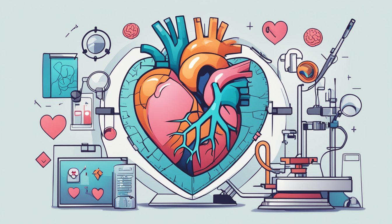 A heart with a visible hole, surrounded by medical equipment and a brain with a stroke symbol