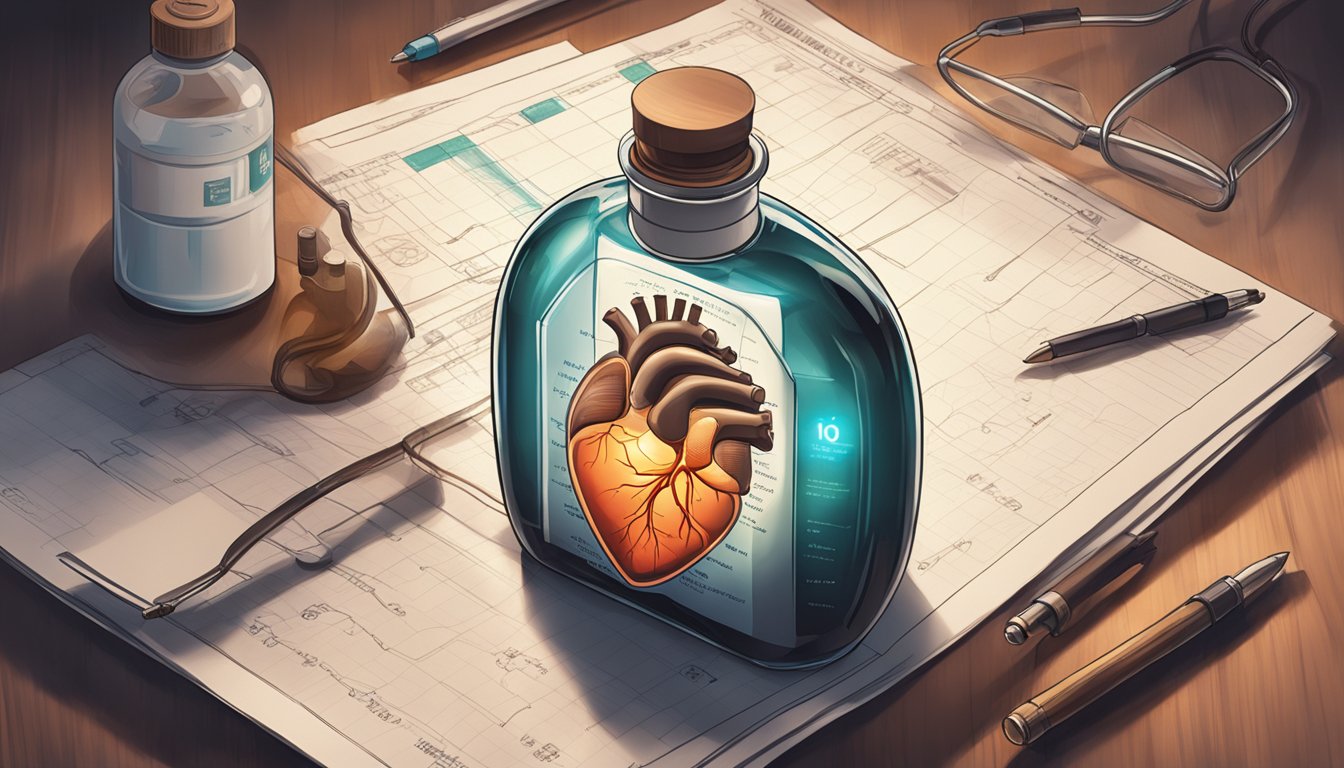 A bottle of nitroglycerin rests on a table, next to a medical chart showing the anatomy of the heart. The room is dimly lit, with a sense of urgency in the air