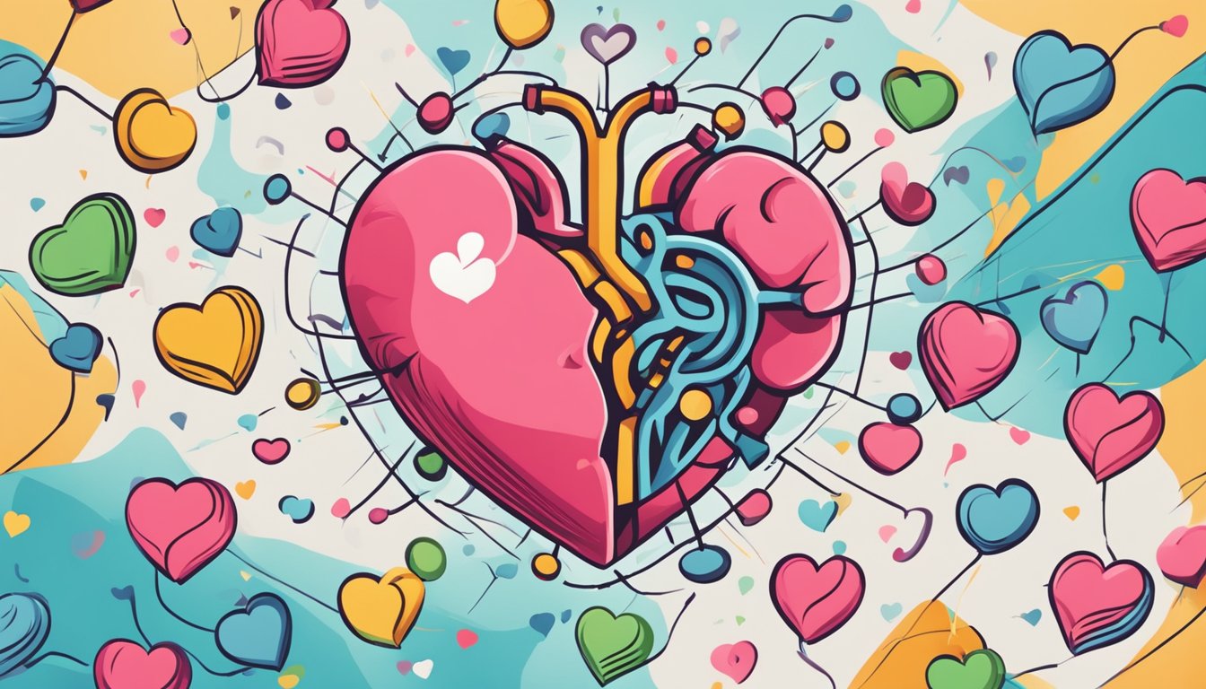 A heart with a hole, surrounded by question marks, while a stroke symbol hovers nearby