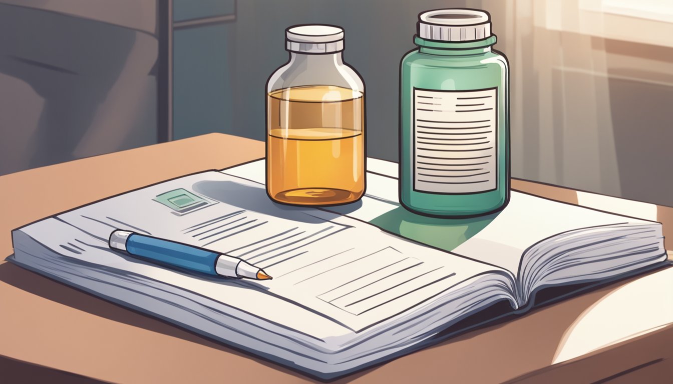 A bottle of nitroglycerin sits on a bedside table, next to a stack of medical papers and a comforting, supportive care pamphlet