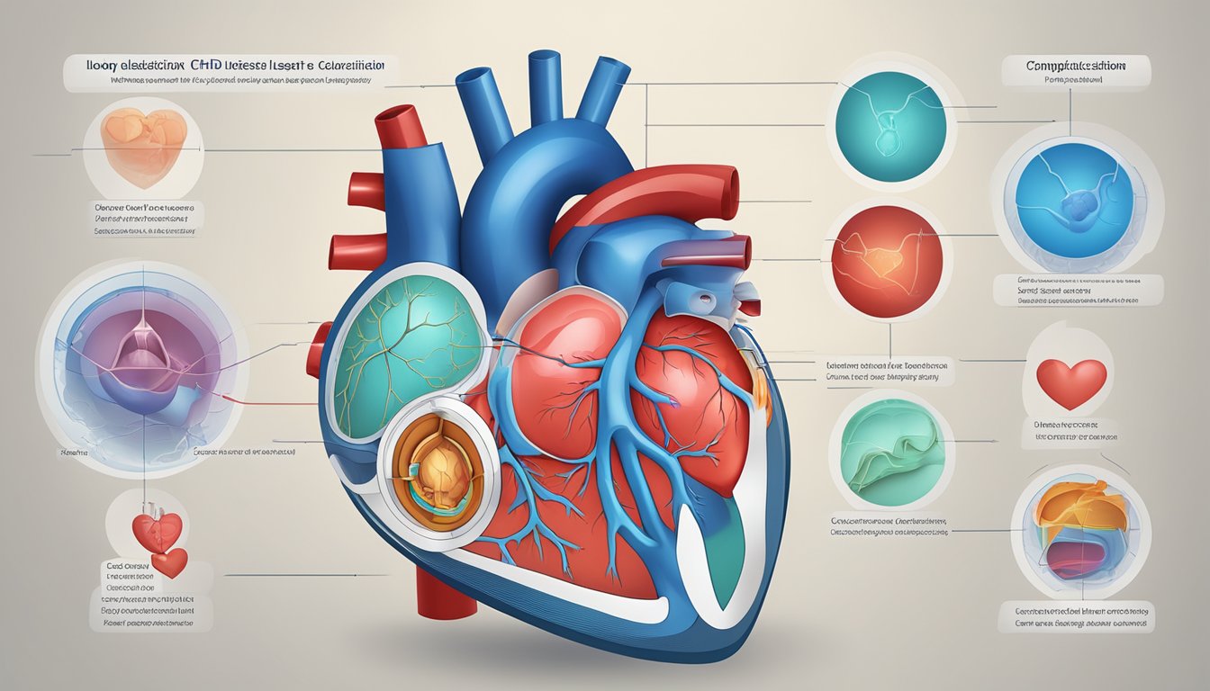A complex heart diagram shows cyanotic CHD classification and long-term effects