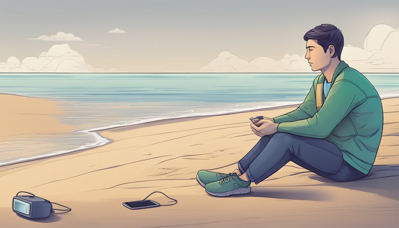 A person sitting on a calm beach, with a steady pulse monitor beside them