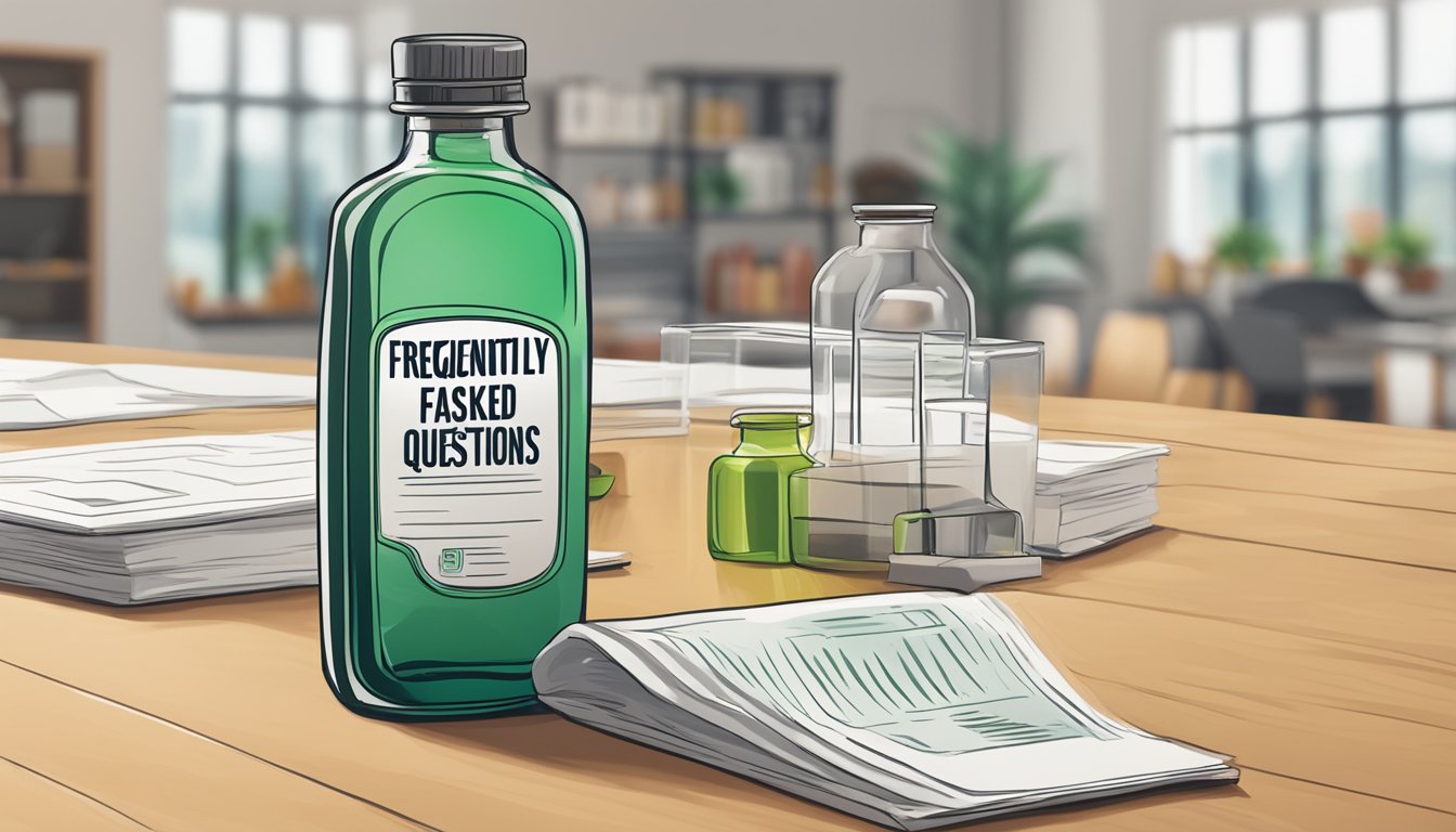 A bottle of nitroglycerin sits on a table with a bold "Frequently Asked Questions" title above it