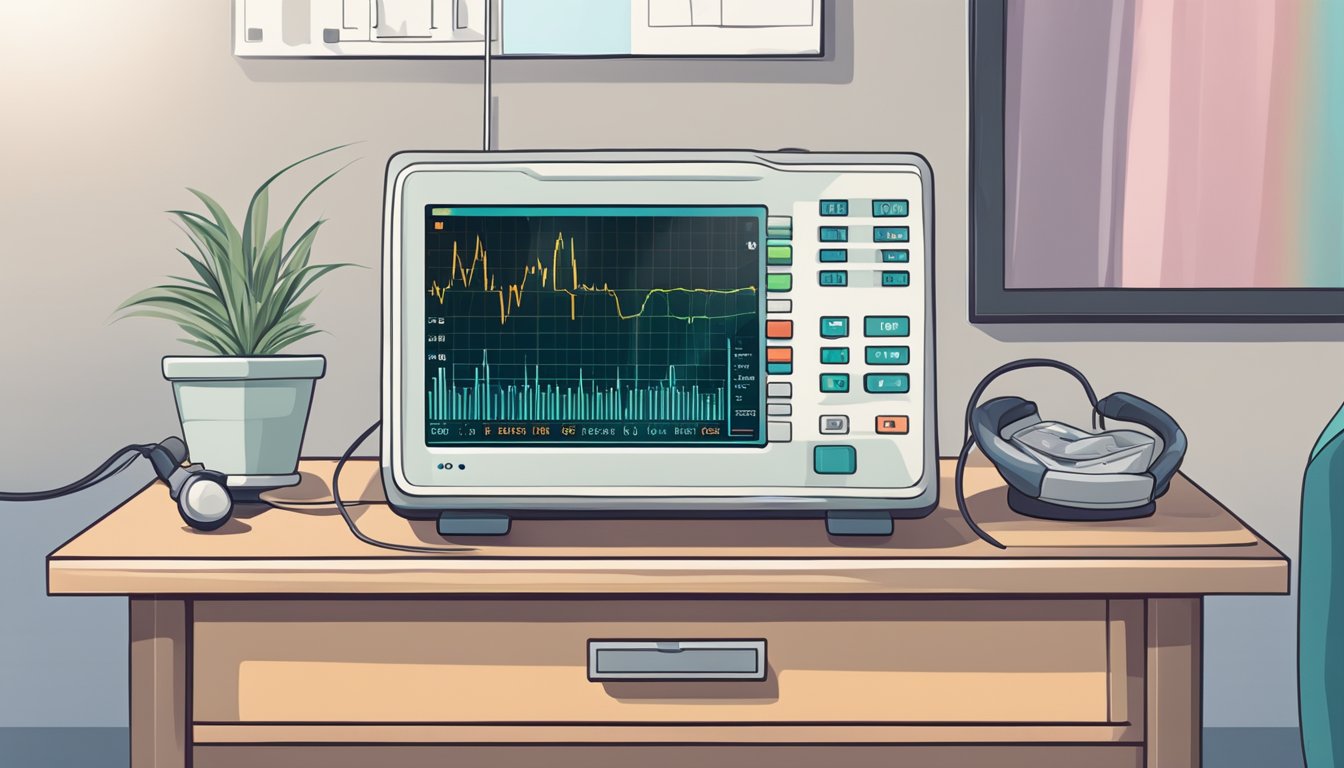 A heart monitor beeping steadily, with a digital display showing "Frequently Asked Questions" on a hospital bedside table