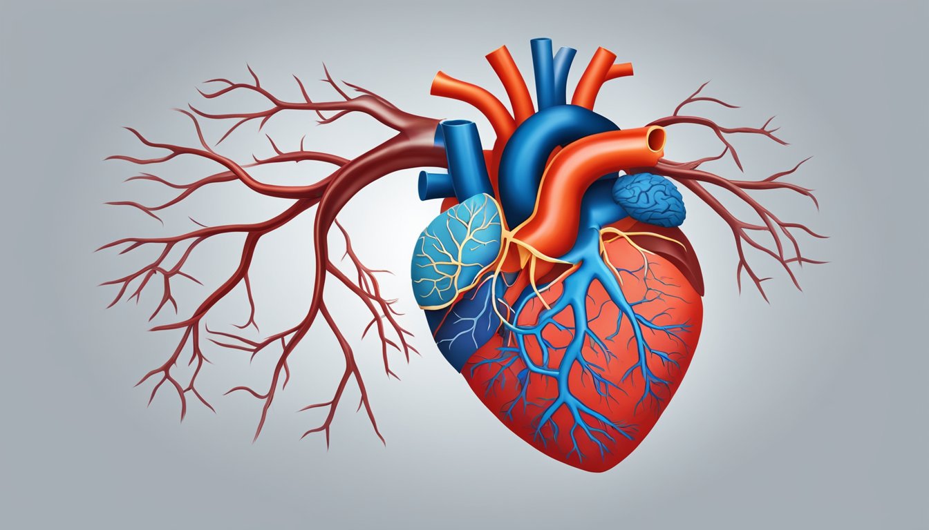 A heart with arteries and veins, surrounded by a brain with blood vessels, representing the connection between heart disease and stroke