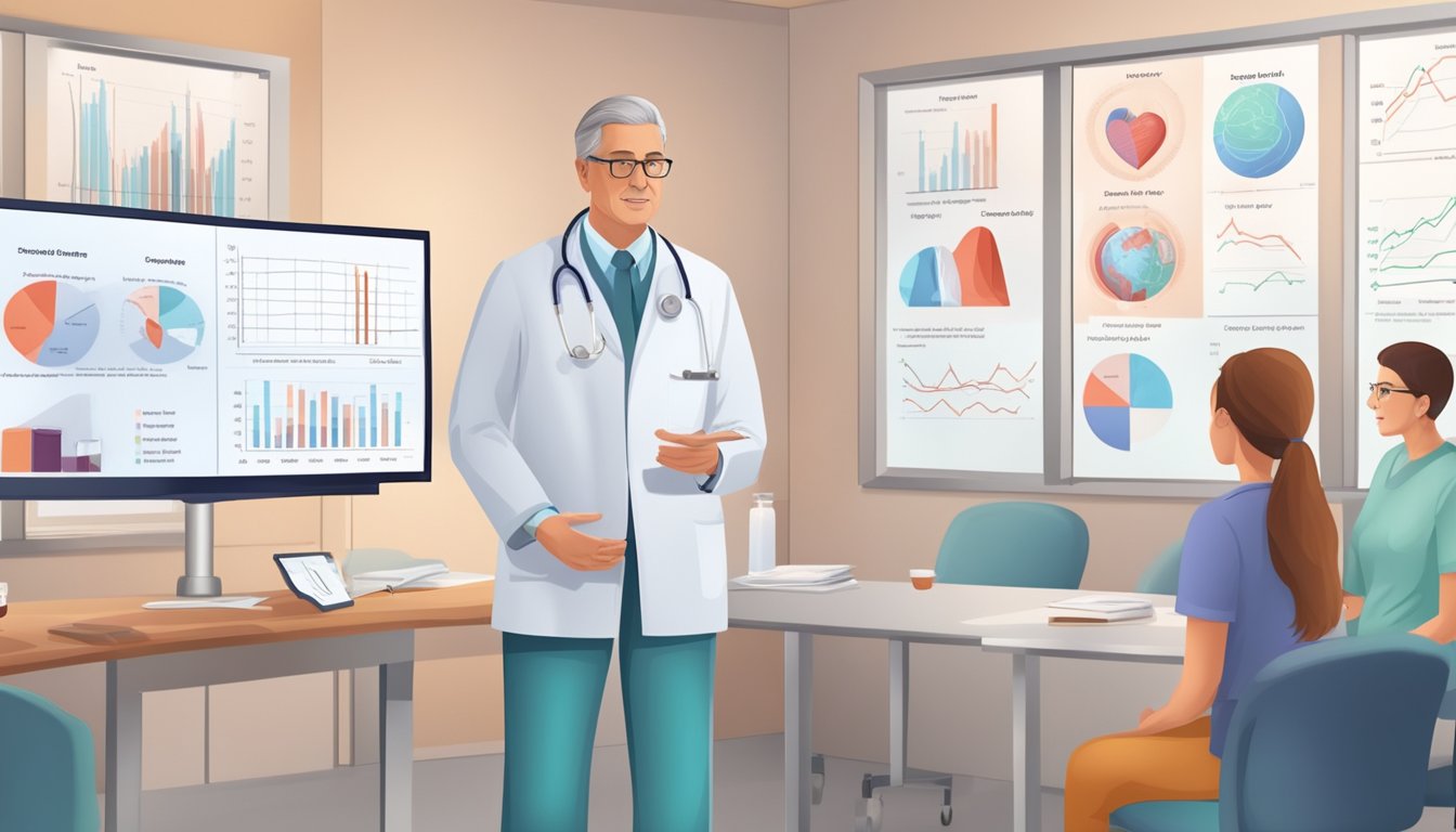 A doctor educates patients on heart disease and stroke prevention. Charts and diagrams are displayed in the background