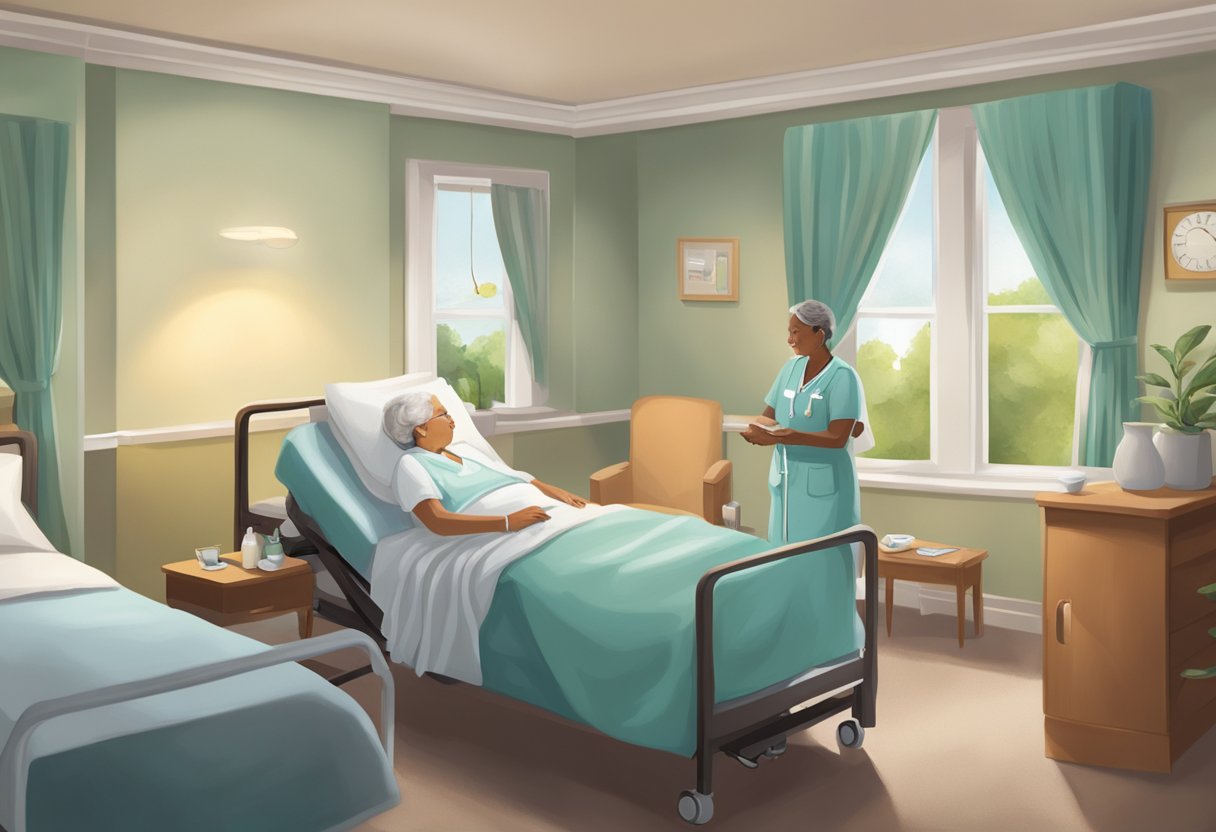 A serene room with soft lighting, comfortable furniture, and peaceful decor. A caring nurse attends to a patient, providing compassionate hospice care in Cleveland, Ohio