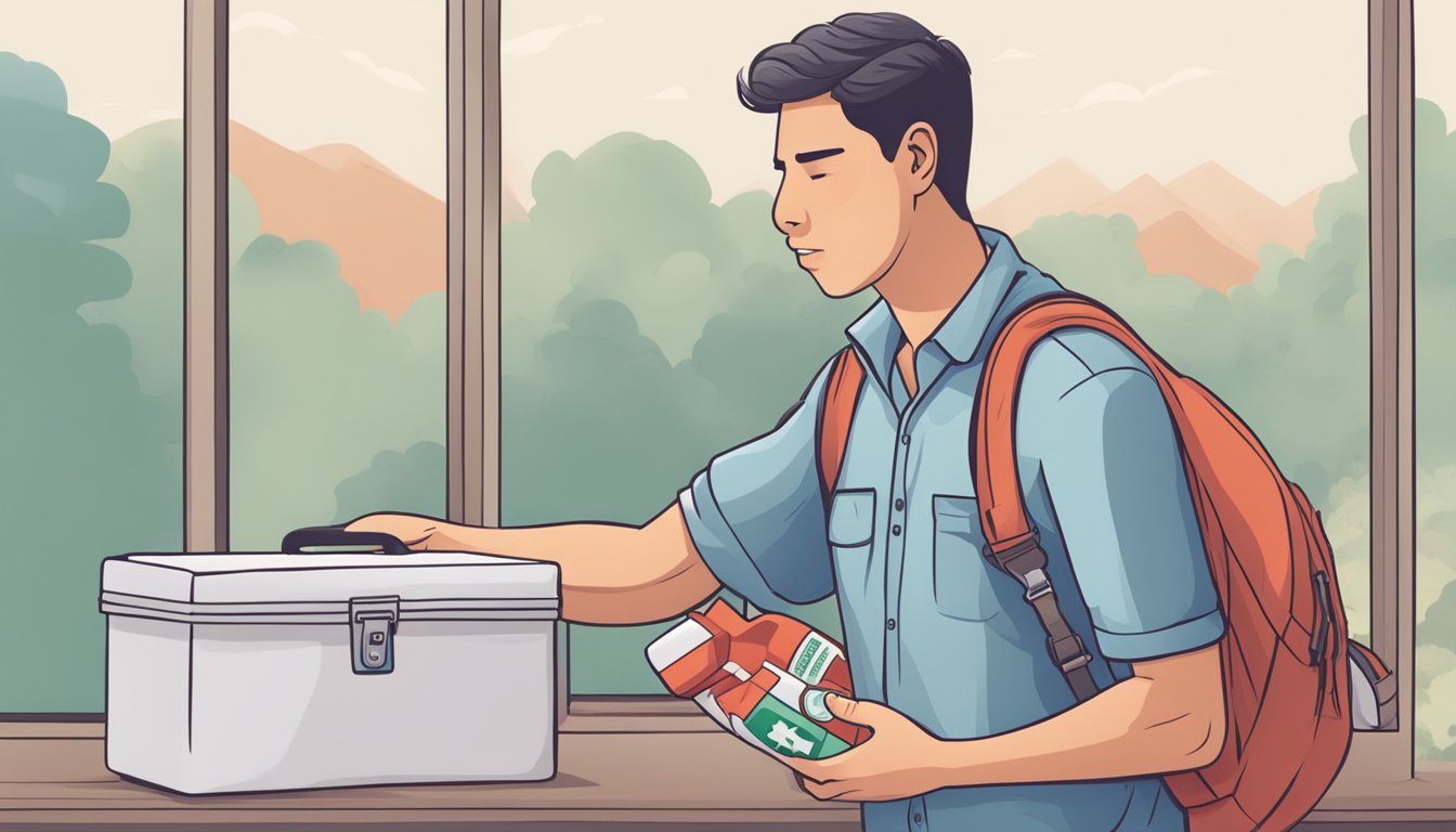 A person clutching their chest, grimacing in pain, and reaching for a nearby first aid kit