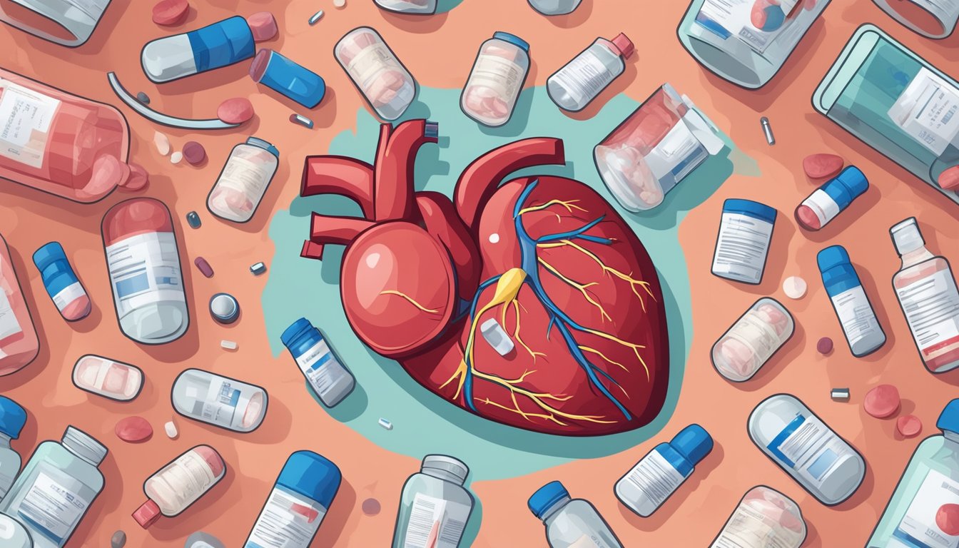 A heart with damaged muscle and blood clots forming, surrounded by medication bottles and a blood thinner prescription