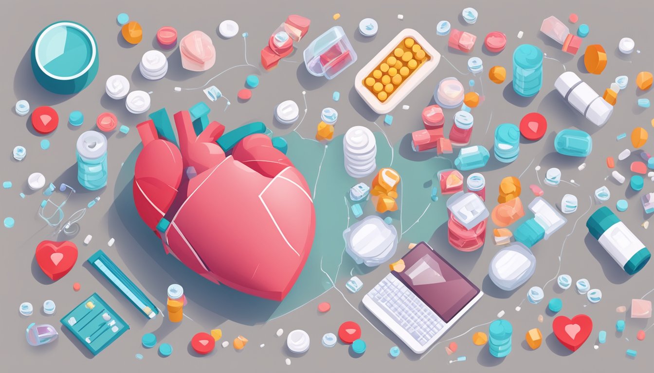 A heart with warfarin pills scattered around it, surrounded by medical equipment and a chart showing heart failure management