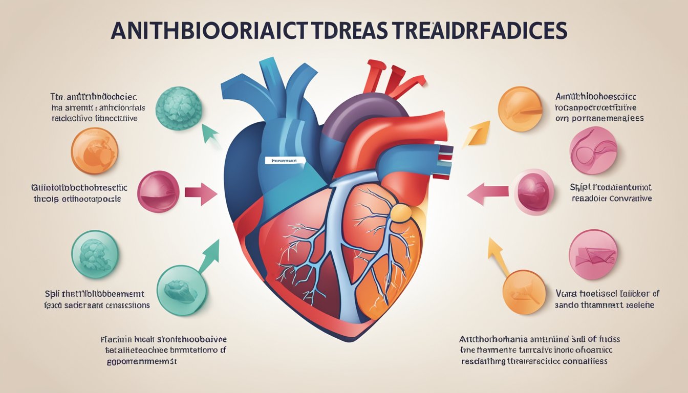 A heart-shaped diagram split in half, with one side labeled "Antithrombotic Therapies" and the other "Warfarin." Arrows show the comparative effectiveness of each treatment