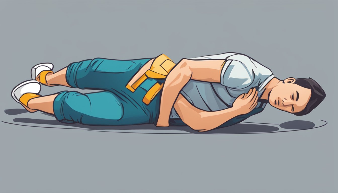 A person lying on the ground, using their elbows to apply pressure to their own chest in a rhythmic motion