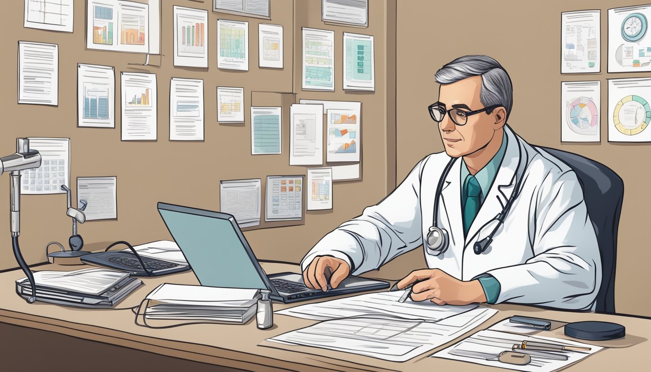 A doctor reviews clinical guidelines for heart failure and warfarin, surrounded by medical charts and a computer