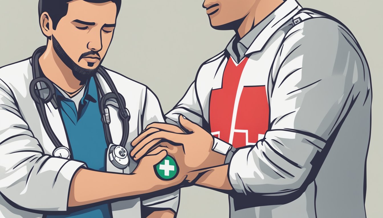 A person holding their chest in pain, while another person administers first aid, with a visible AED nearby