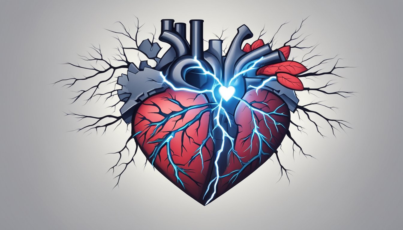 A heart with jagged cracks and a brain with a lightning bolt symbolizing the impact of heart disease and stroke