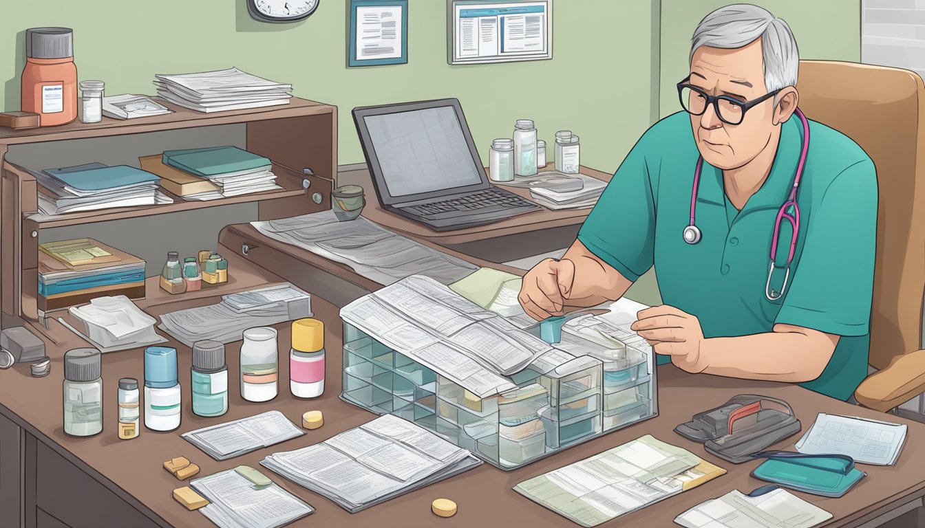 A heart failure patient taking warfarin, surrounded by FAQ documents and a pill organizer